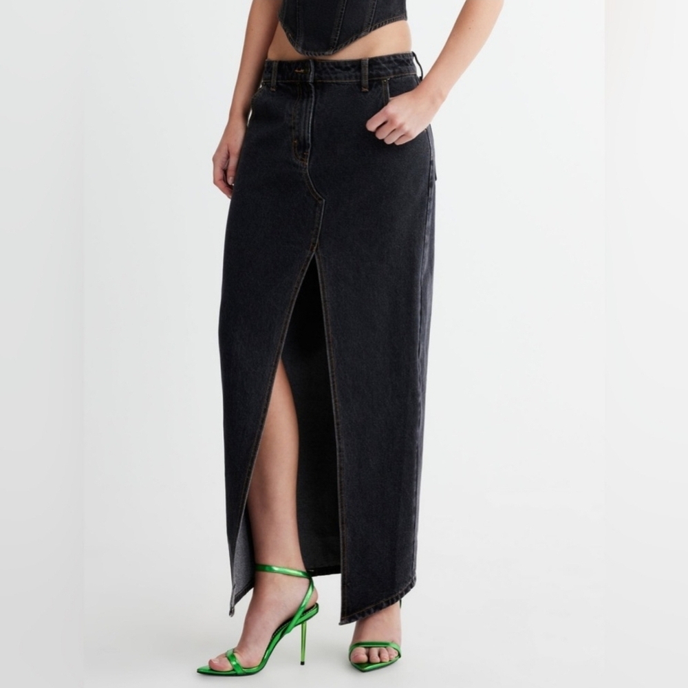 Revolve Lioness Denim Maxi Skirt Jean Charcoal with High Slit Cotton